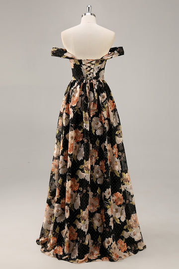 Sparkly Black Floral Ruched Long Bridesmaid Dress with Beading